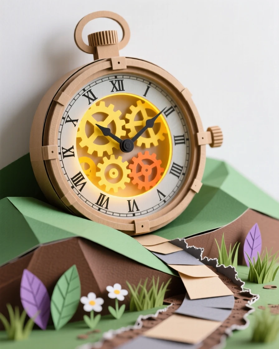 A gigantic pocket watch embedded in a hillside, its glowing gears turning slowly as a small path winds around it, evoking imaginative curiosity about time.