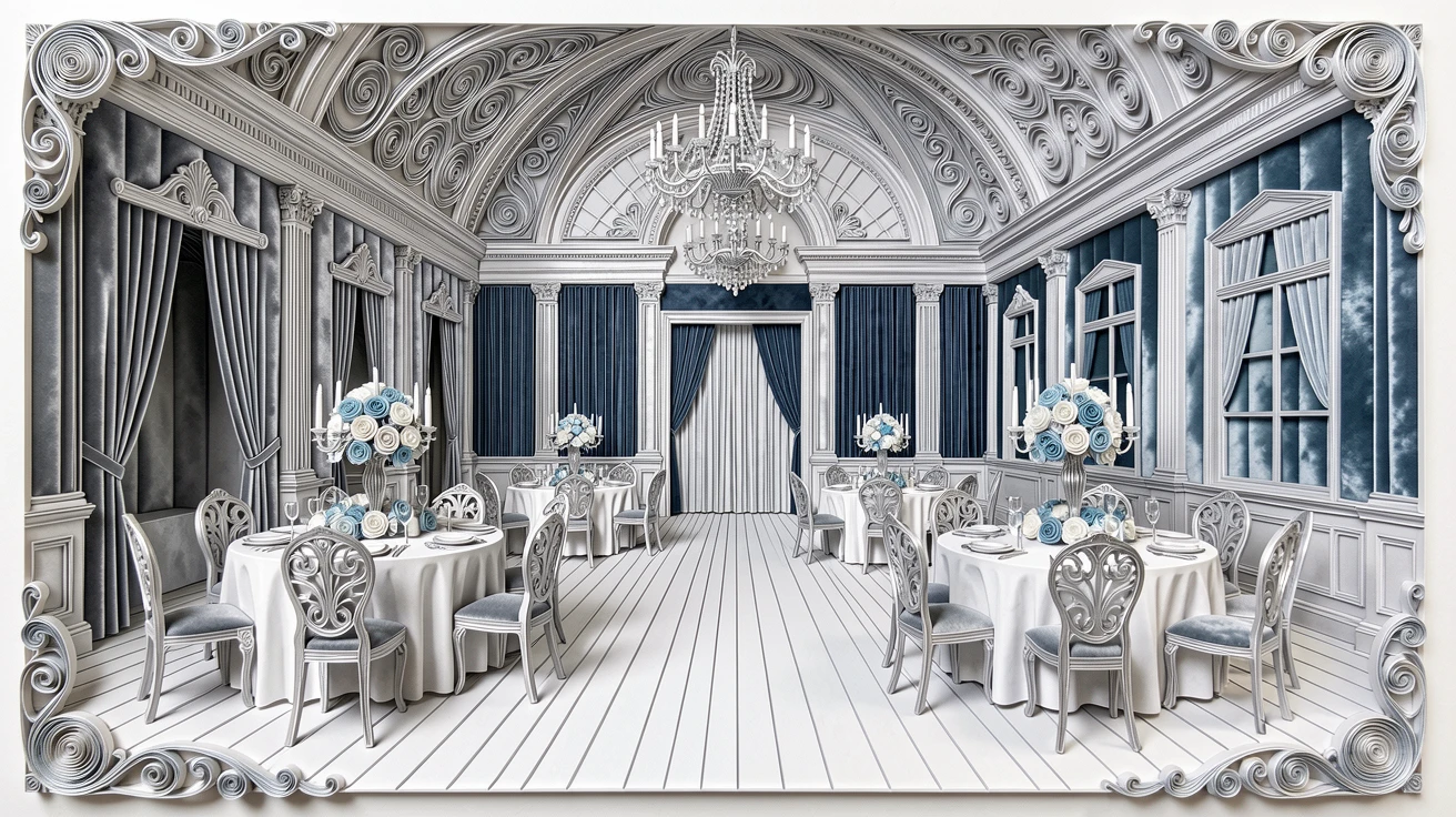 a grand ballroom set for an elegant evening gala, in a plush velvet-lined boutique, framed with a clean, minimal, high-end aesthetic, in cool platinum and silver tones.
