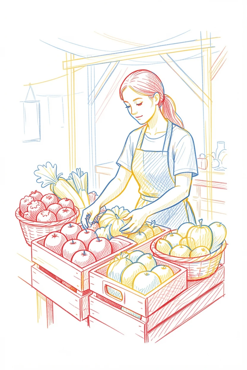 A woman arranging fresh produce at a colorful farmers market stall