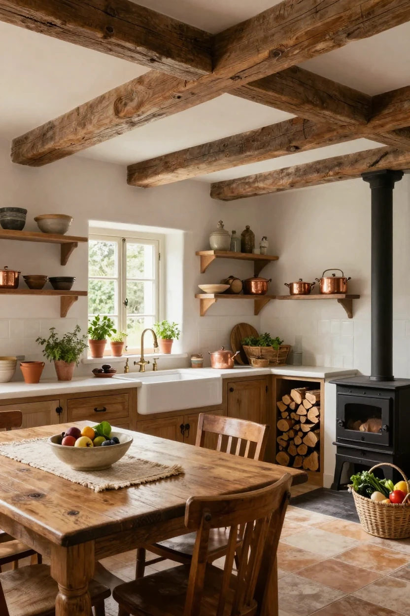 A rustic farmhouse kitchen with exposed wooden beams