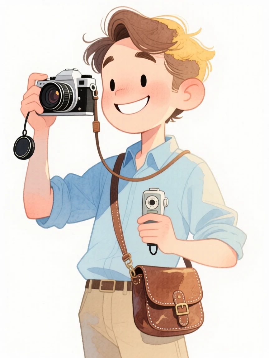 A photographer confidently at work, tools of the trade in hand