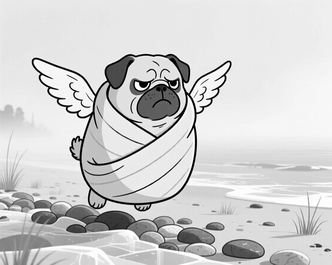 A grumpy-looking pug wrapped in a blanket burrito, flapping stubby wings in an attempt to fly, set on an icy pebble beach. Morning mist clings to the grass. The scene captures unconditional, goofy love.
