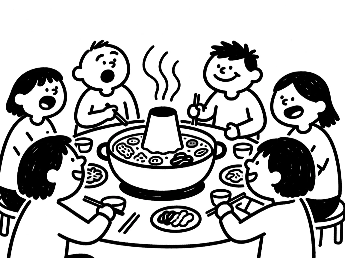 A hot pot dinner with friends gathered around a bubbling pot of broth and ingredients.