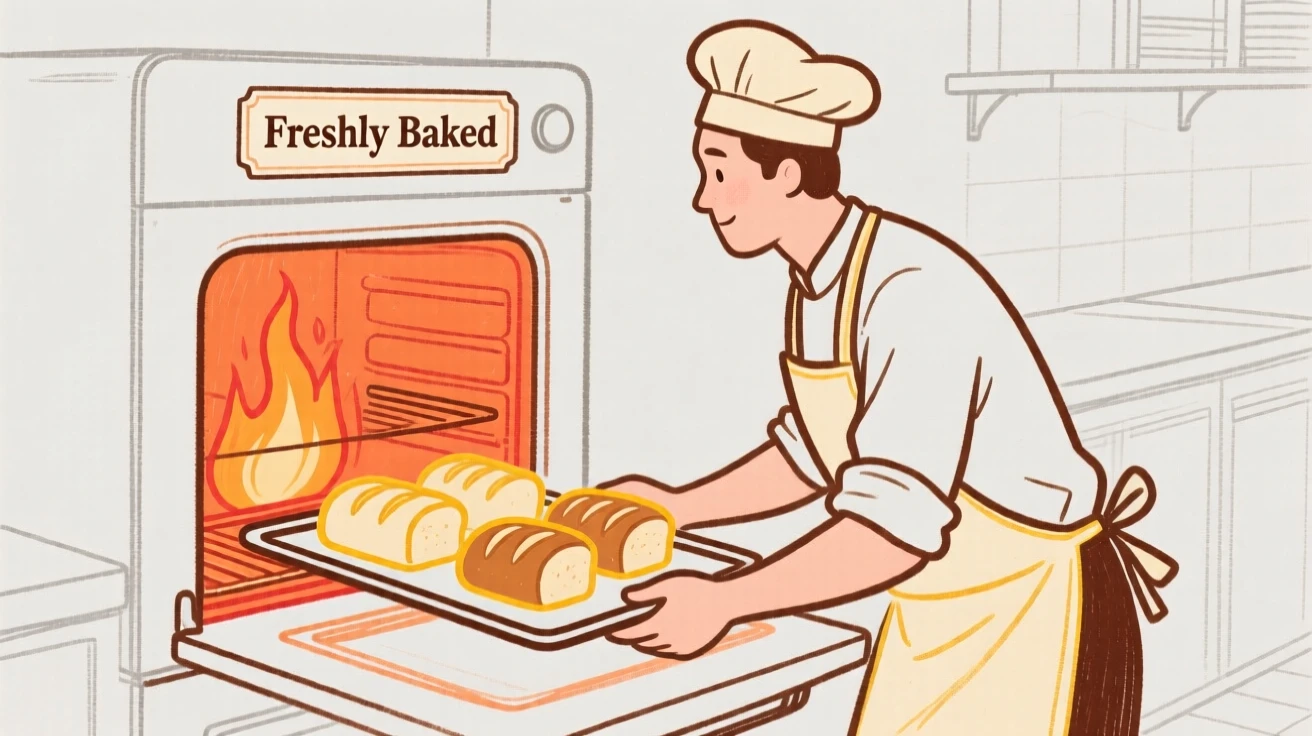 A baker pulling a tray of fresh bread from the oven.