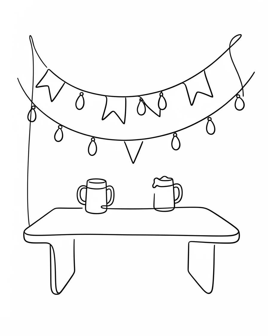 An Oktoberfest beer garden decorated with string lights and banners