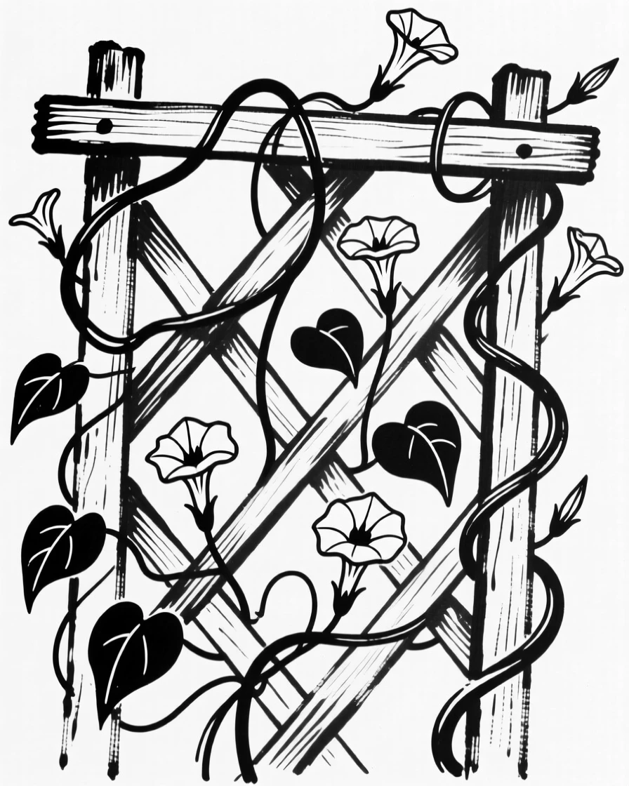 A climbing vine of morning glories wrapped around a wooden trellis.