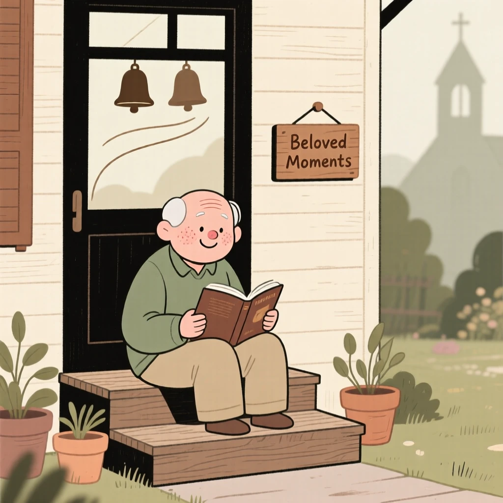 A elderly painter sits on the porch steps practicing a favorite novel, fully absorbed as distant church bells drifts through the open window.