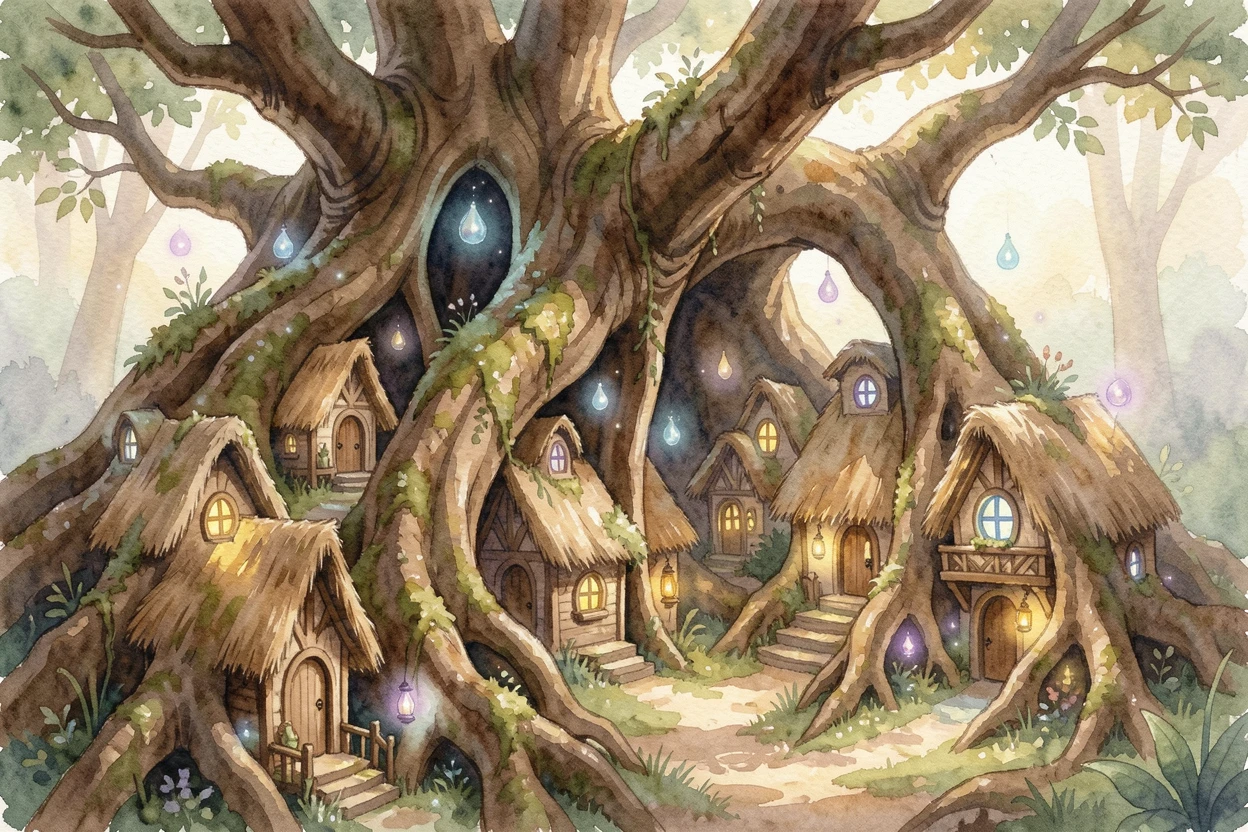 A fairy village built inside giant tree roots with a gentle magical glow illuminating the scene.