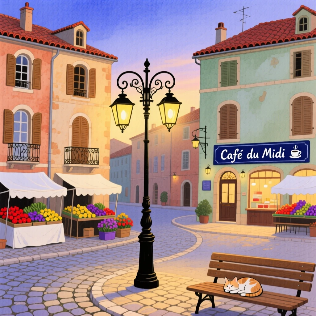 A memorable scene of a lantern-lit street in an old European town square.