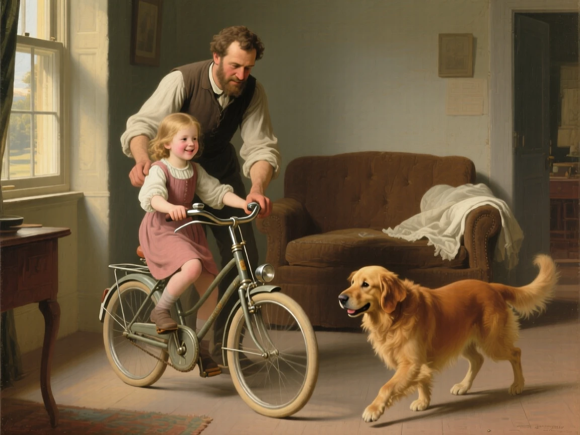 A father teaching his daughter to ride her first bicycle in a scene glowing with warmth and quiet devotion, set within a cozy home lit by late afternoon sun, with a family pet weaving happily between the figures; the arrangement of figures suggests closeness without crowding, evoking pure, unguarded tenderness and love.
