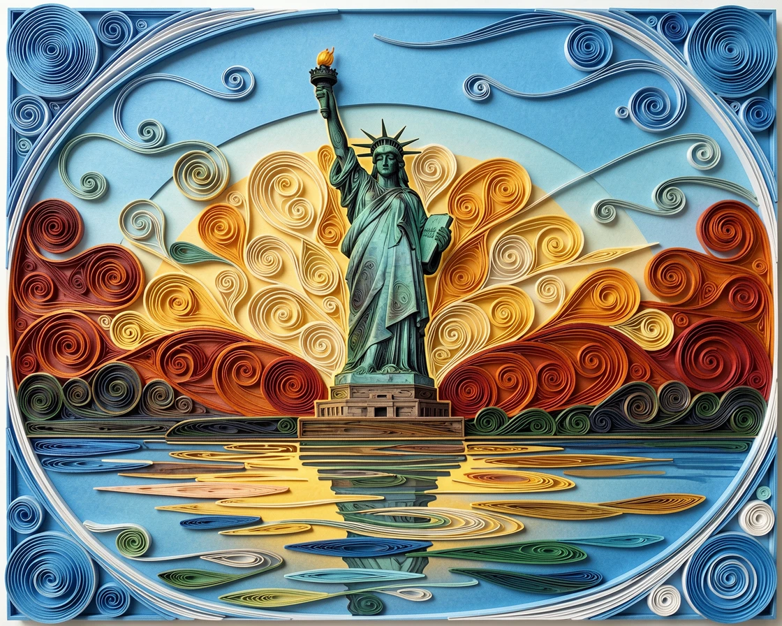 A breathtaking view of the Statue of Liberty standing against a golden sunset beside a calm reflective body of water, in crisp, clear tones under a bright blue sky, composed with strong leading lines drawing the eye inward.