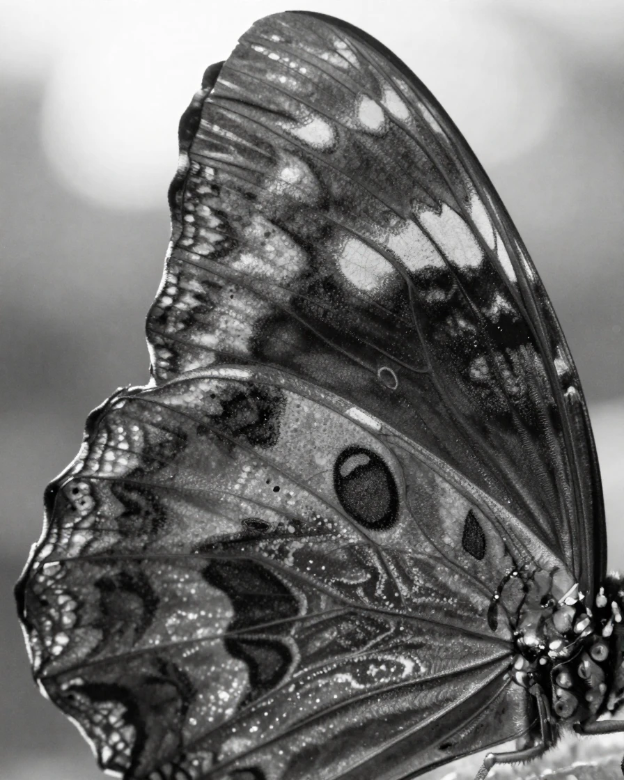 A butterfly wing reveals intricate patterned scales under bright morning sun.