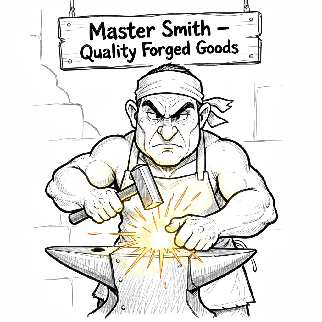 [Occupations & Hobbies] Detailed scene of a skilled blacksmith hammering glowing metal on an anvil, showcasing skill and dedication