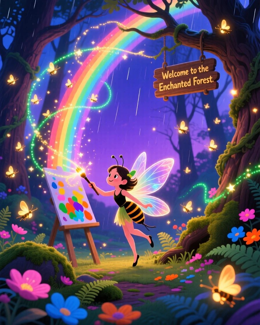 In an enchanted forest, a firefly fairy discovers a moment of wonder while painting rainbows across the sky, with fireflies weaving glowing trails.