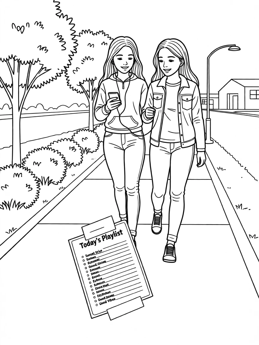 Friends sharing earbuds while walking home from school, with a set list taped to the floor nearby.