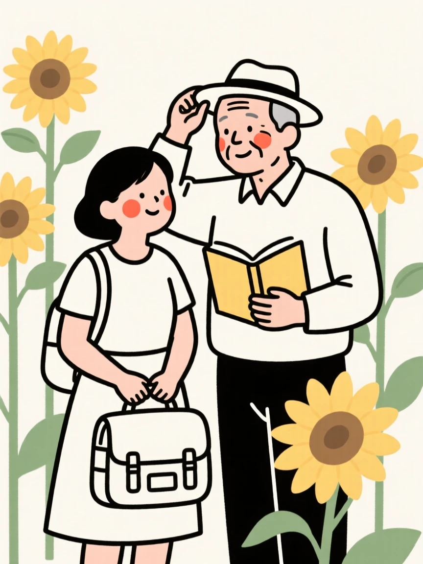 An elderly couple of Chinese heritage preparing for a first day of school, in a sunflower field.