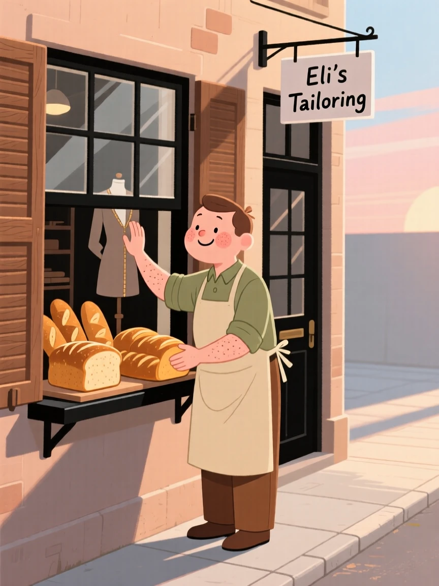 A baker opens the shutters of a small tailor's shop at dawn, arranging warm loaves of bread in the window as sunlight creeps across the sidewalk.