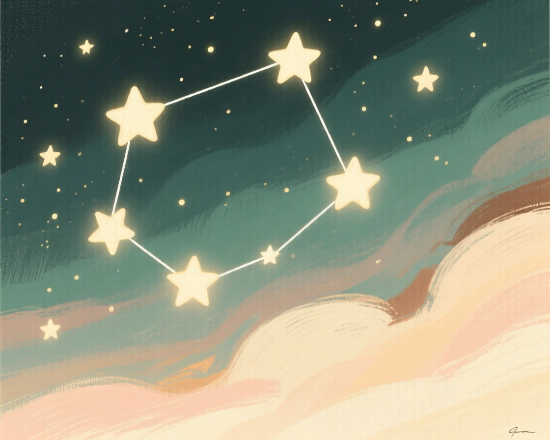 A night sky filled with constellations connected by faint silver lines