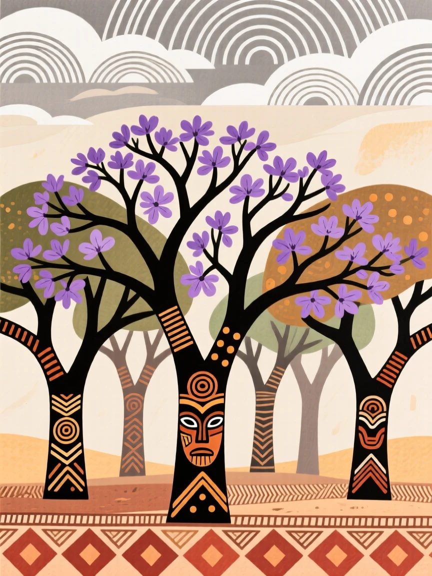 A grove of flowering jacaranda trees framed by distant rolling clouds.