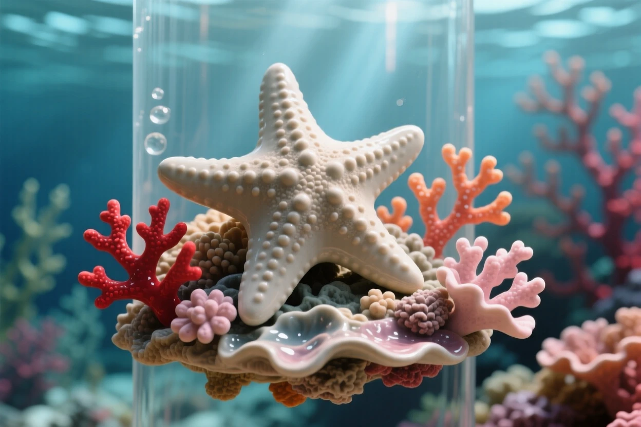 A starfish resting on a bed of coral suspended in a shaft of filtered sunlight, framed by vibrant coral formations, evoking the vast serenity of the ocean.