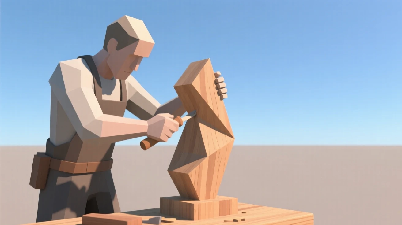 A woodworker carefully carving a wooden sculpture, beneath a clear blue sky. the composition balances subject and open space. There is a calm sense of focus and skill.