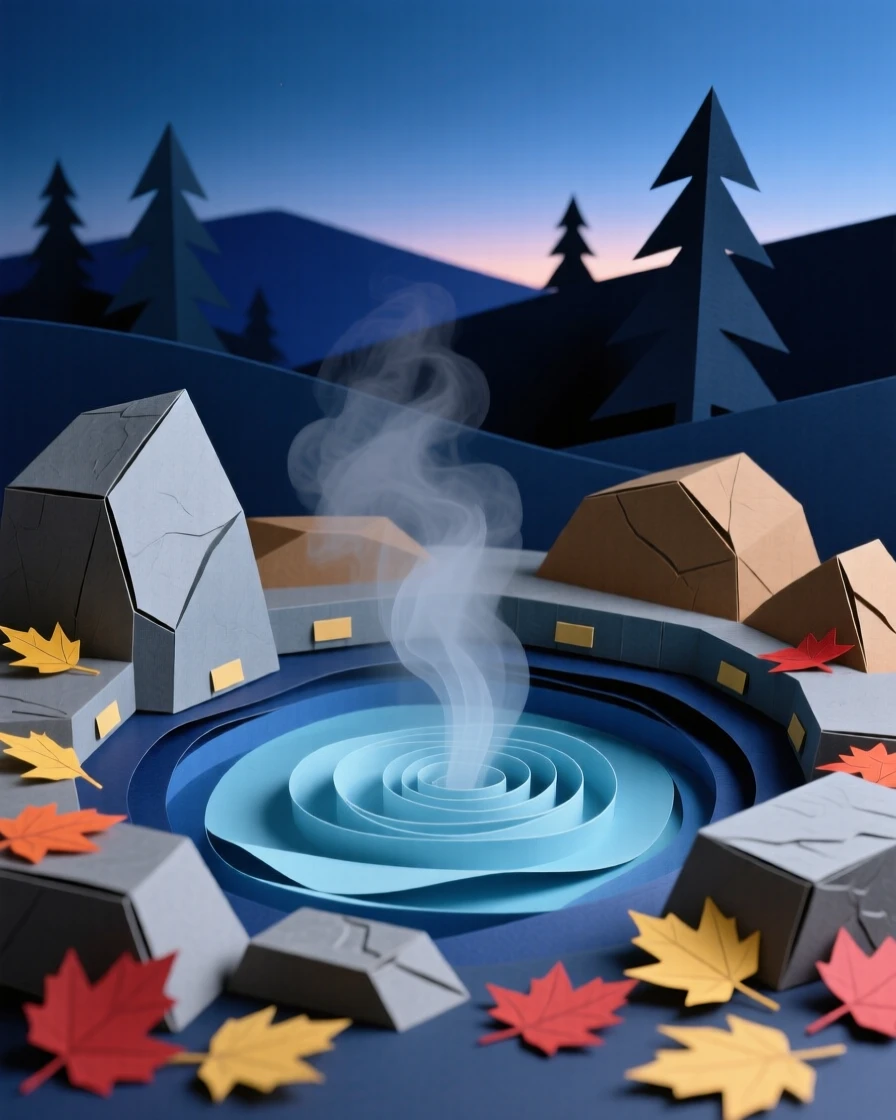 A steaming geothermal hot spring in the deep blue hour after dusk, with mist curling low across the water, capturing the fleeting beauty of the changing season.