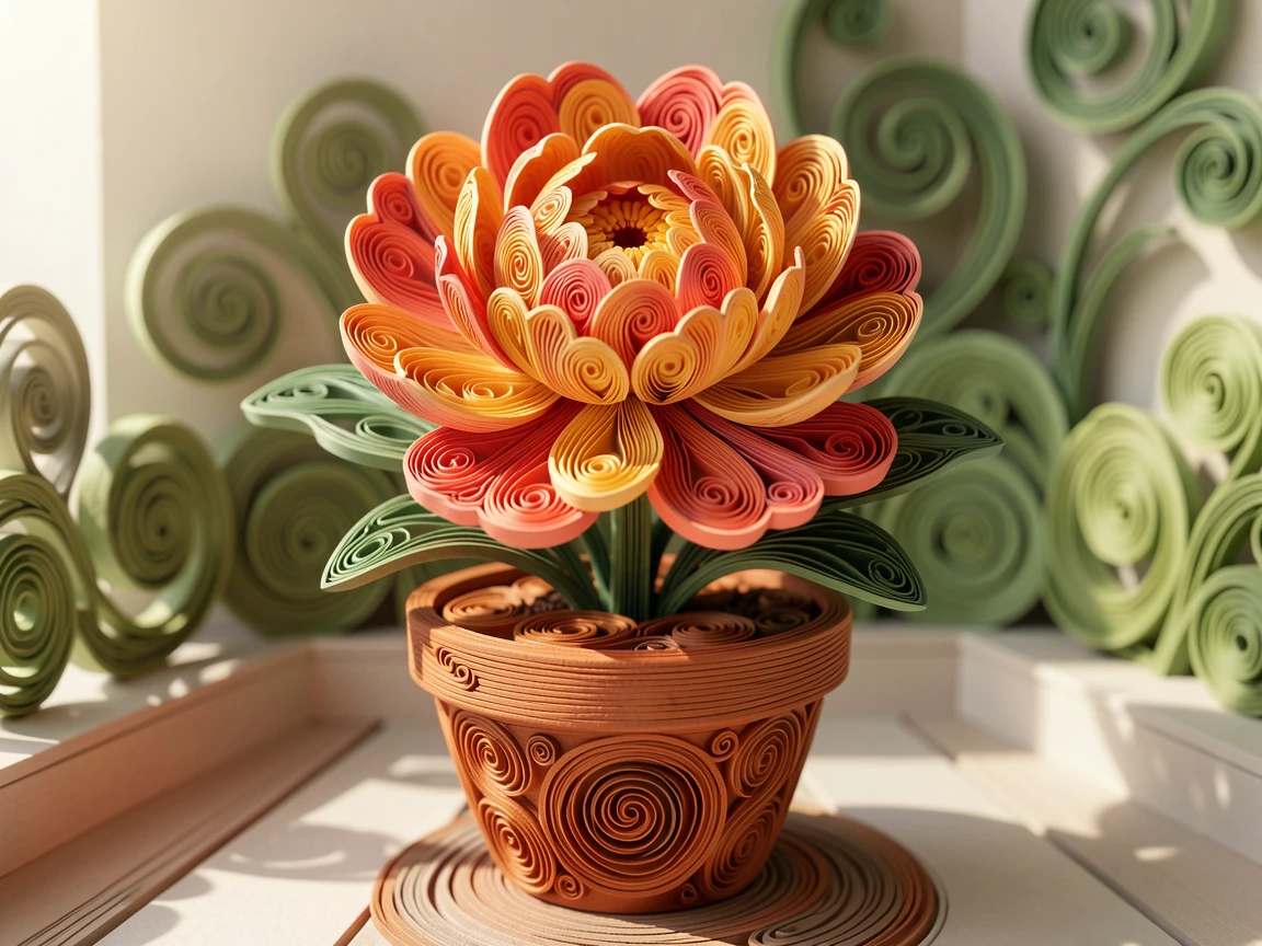 a single peony in full, ruffled bloom, in a terracotta pot on a sunny balcony, framed by soft out-of-focus greenery, in a rich gradient of coral, gold, and green.