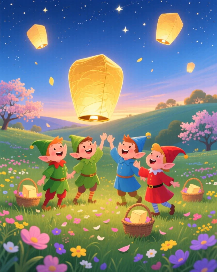 In a sunlit spring meadow, a group of cheerful elves celebrate together by sending paper lanterns floating into the night sky, as golden lanterns glow warmly.