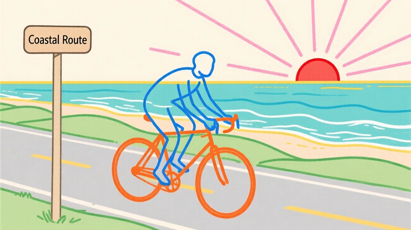 A cyclist riding along a coastal road at sunrise.