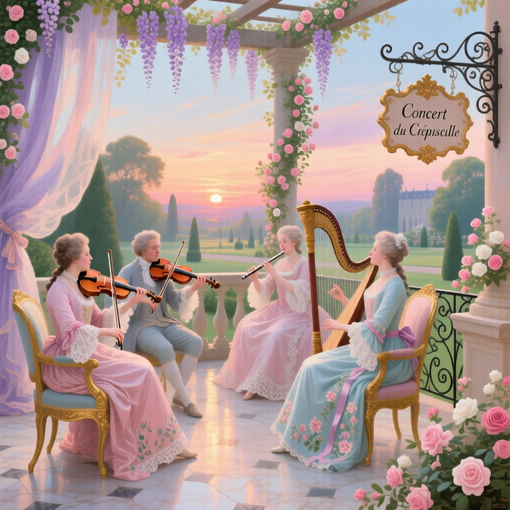 A summer estate terrace with musicians playing at sunset  