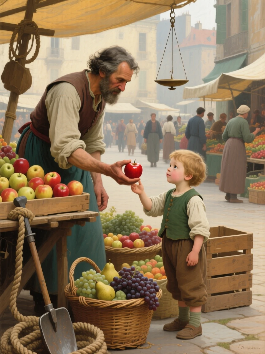 A fruit seller offering a ripe apple to a curious passing child at the gentle heart of a simple daily ritual, set within a bustling market square filled with color and life, with baskets of produce, coils of rope, and tools of an honest trade; background activity adds gentle life without distracting from the center, filled with gentle humor, warmth, and community spirit.