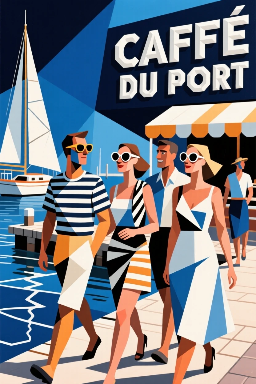 An elegant lifestyle scene of a group of friends in stylish summer attire strolling along a marina.
