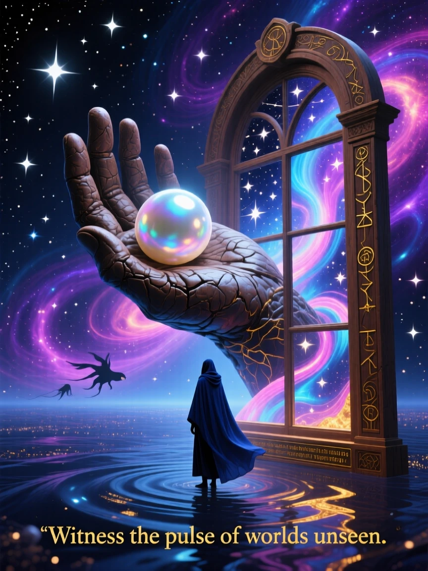 A moon-sized pearl resting quietly in the palm of a giant hand drifts slowly through an endless field of stars, while a lone traveler watches from an open window.