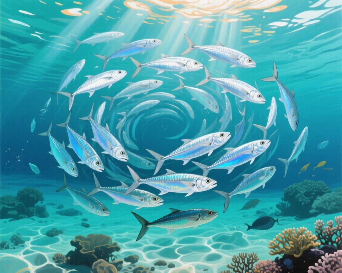 A school of silver barracuda forms a mesmerizing tornado shape in the clear waters off Sipadan Island, sunlight rippling across their scales, the scene suggesting a fleeting, candid moment rather than a posed encounter.