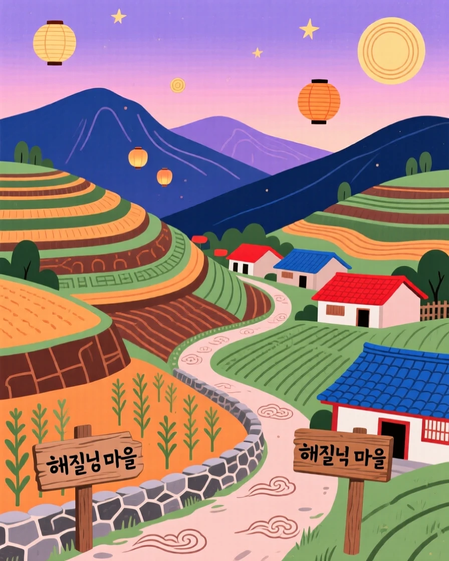 A terraced hillside village at dusk nestled among distant mountains.