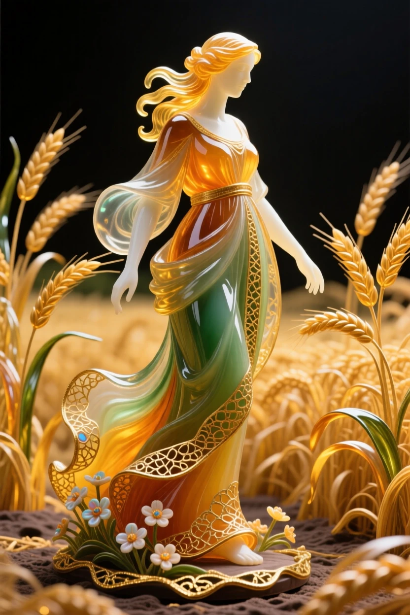 Demeter walking through golden fields of wheat at harvest time, nurturing and abundant.