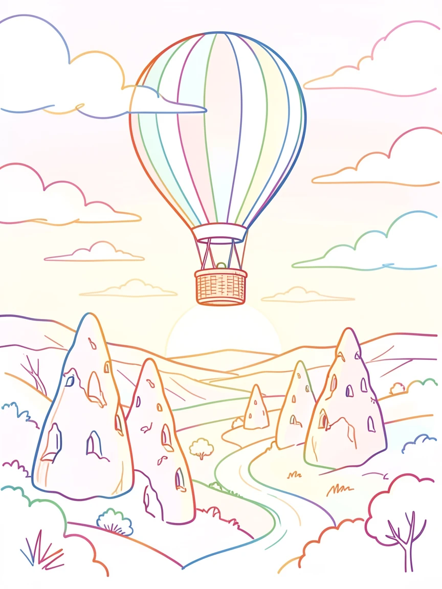 A hot air balloon rising over the fairy chimneys of Cappadocia at sunrise.