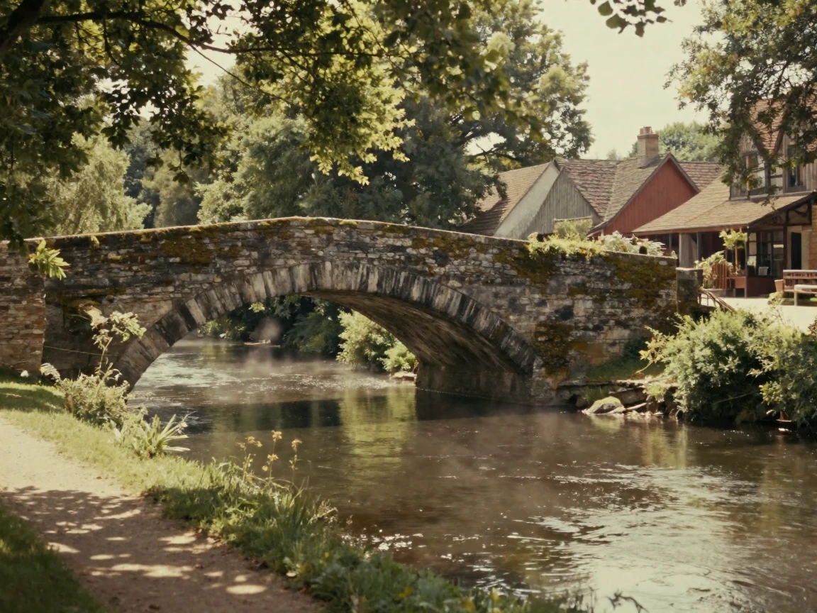 An old stone bridge leading into a sleepy riverside village, in dappled light filtering through leaves, as mist rises off the ground, during the long days of summer, with muted olive and rust colors, from a three-quarter angle.
