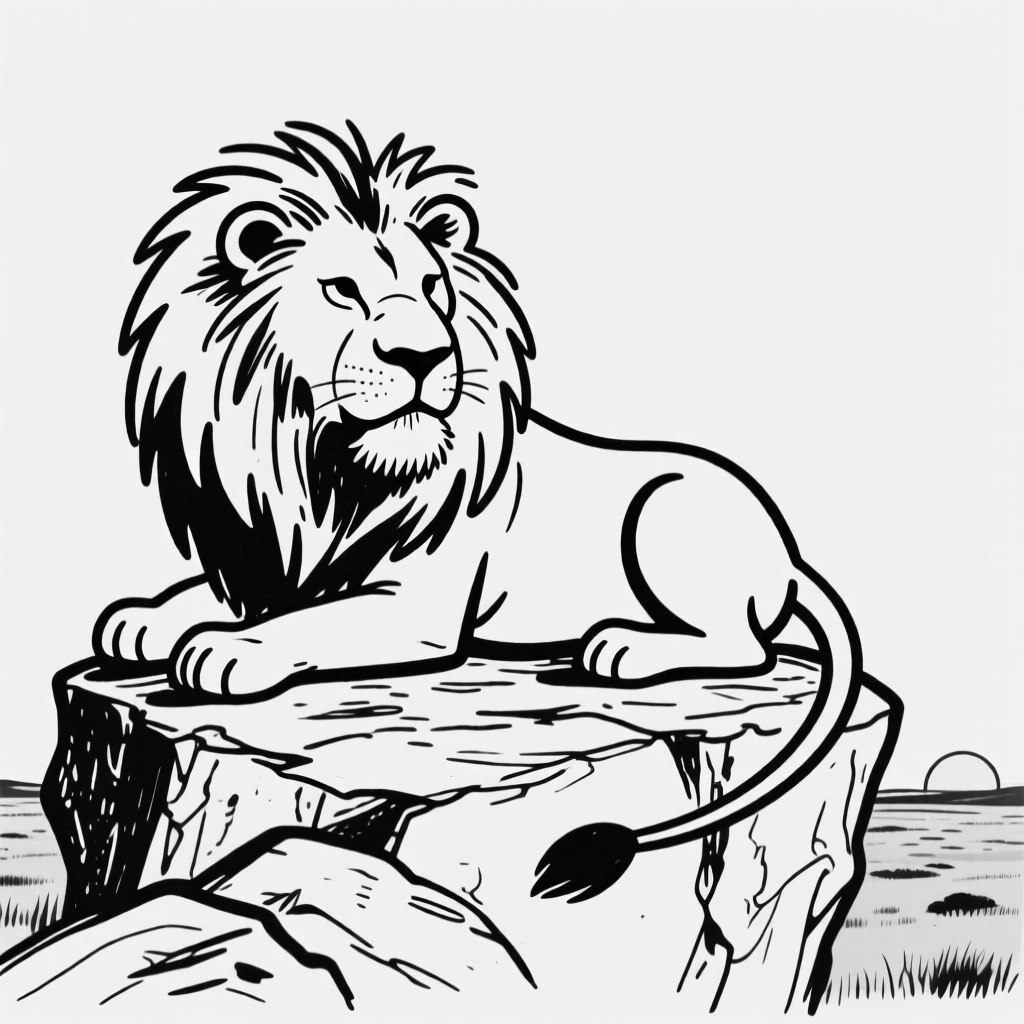 A majestic lion resting on a rocky outcrop, surveying the savanna at sunset.
