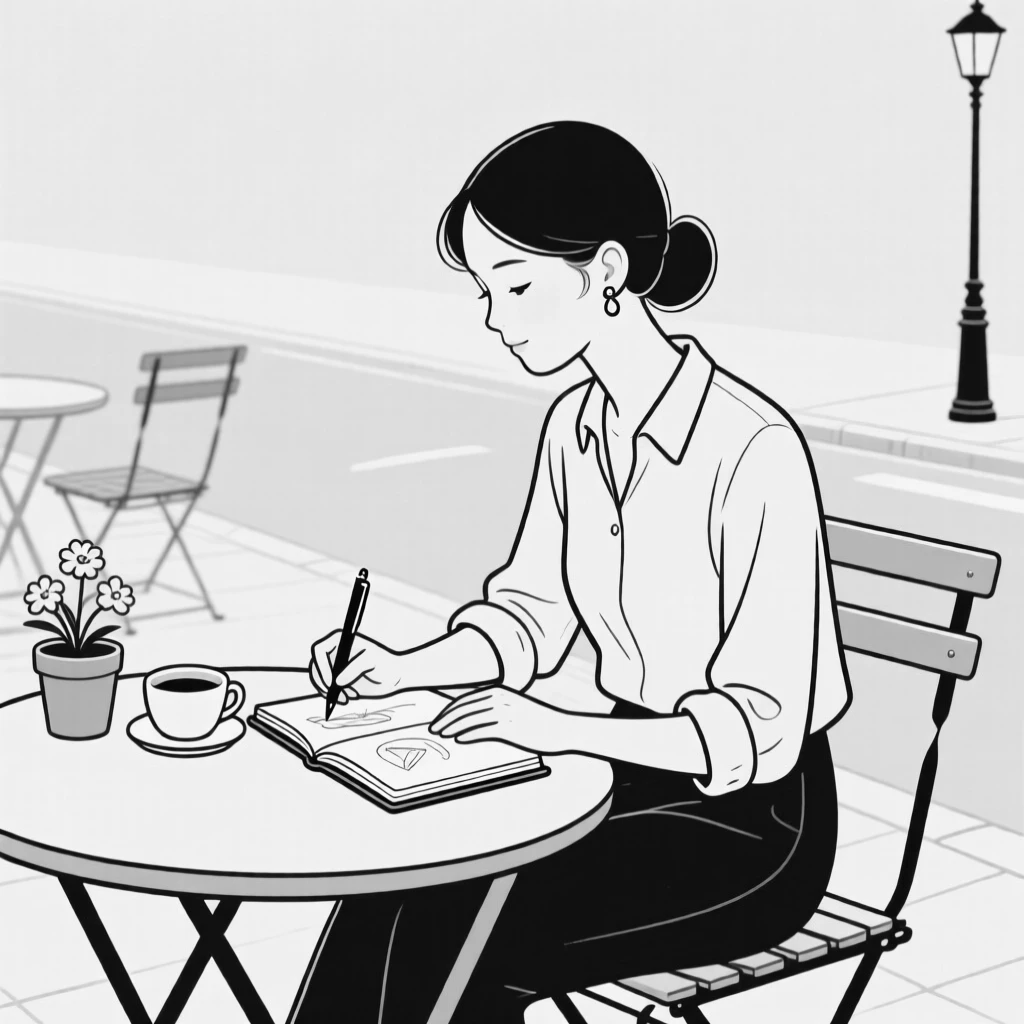 A woman sketching in a notebook at a sidewalk cafe