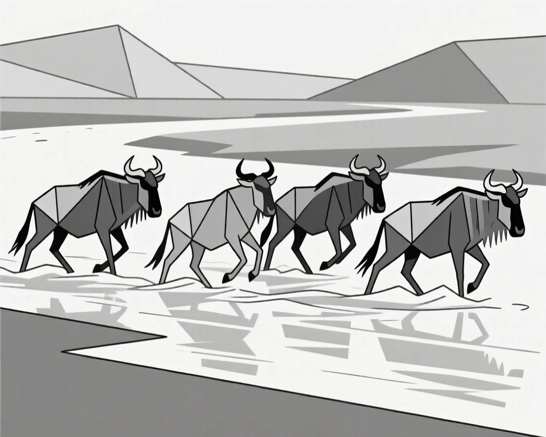 A wildebeest herd crossing a river during migration