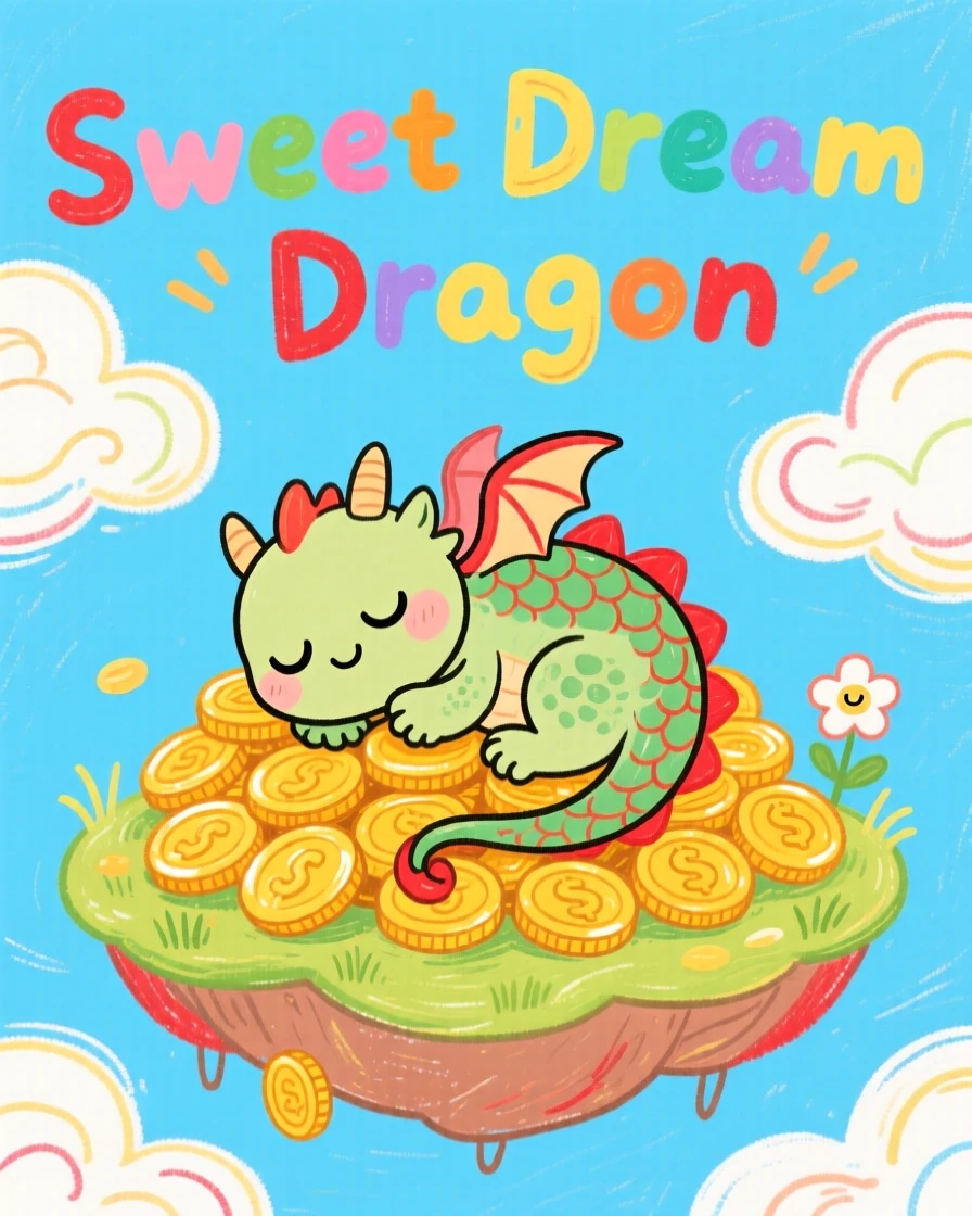 A tiny dragon curled up asleep on a pile of gold coins atop a floating island in the sky.