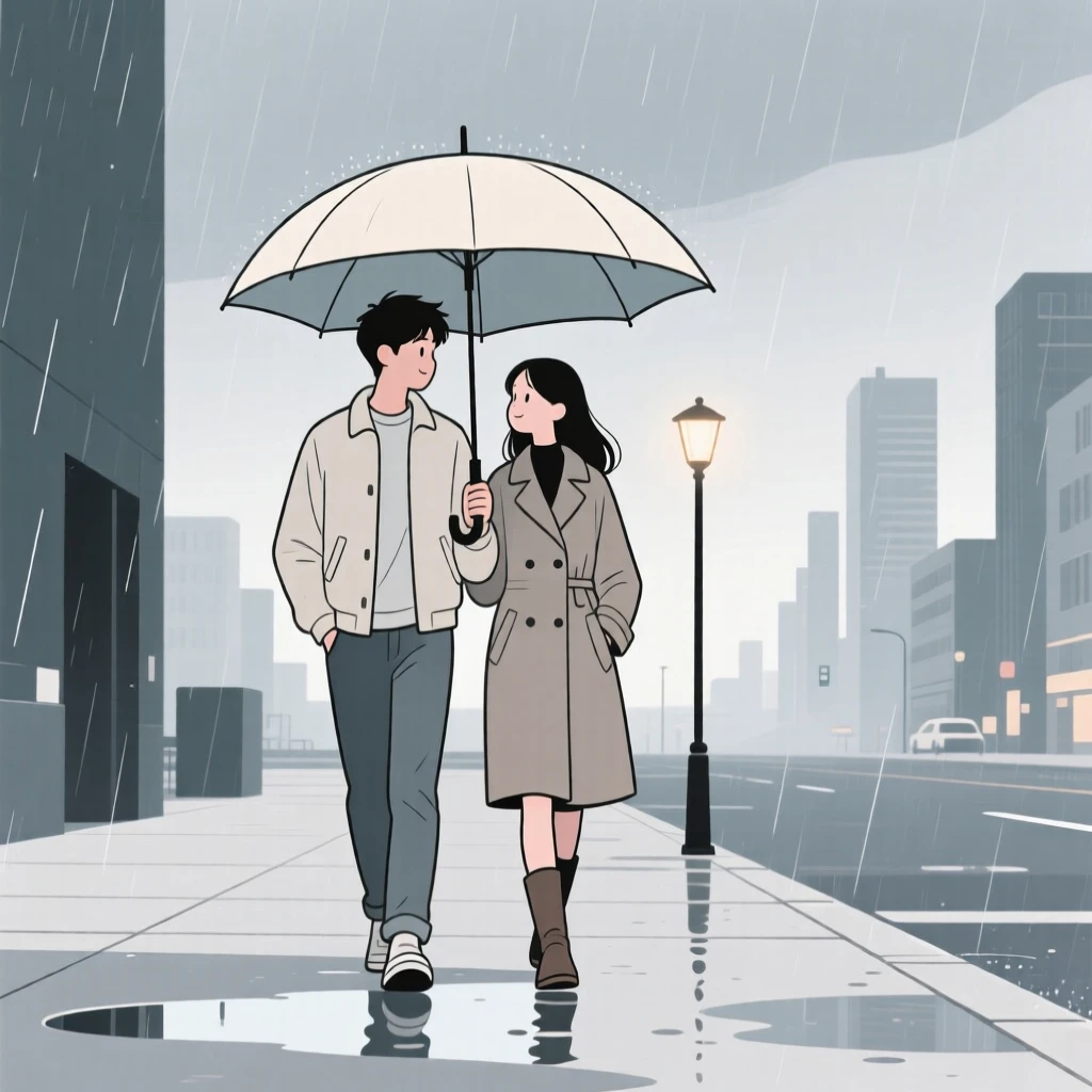 A young couple sharing an umbrella in the rain on a quiet weekday morning in the city.