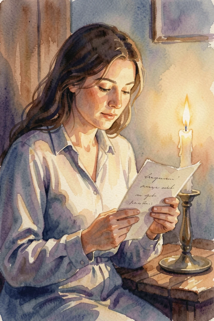A woman reading a letter by candlelight.