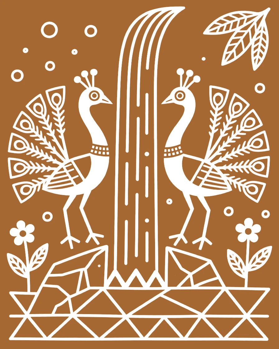 A pair of peacocks gathered near a waterfall.