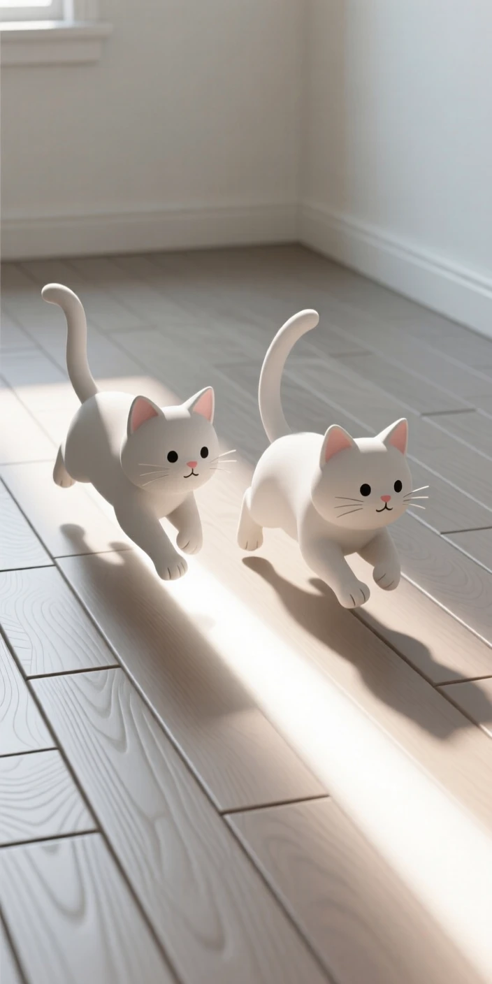 A playful pair of kittens chase a beam of light across a sunny hardwood floor.