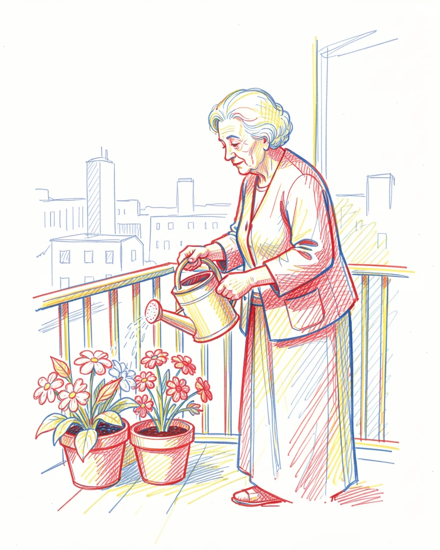A grandmother watering flowers on her balcony overlooking the city