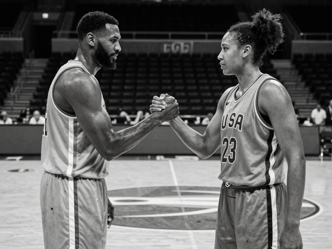 Two rival athletes shake hands after a hard-fought match at center court.