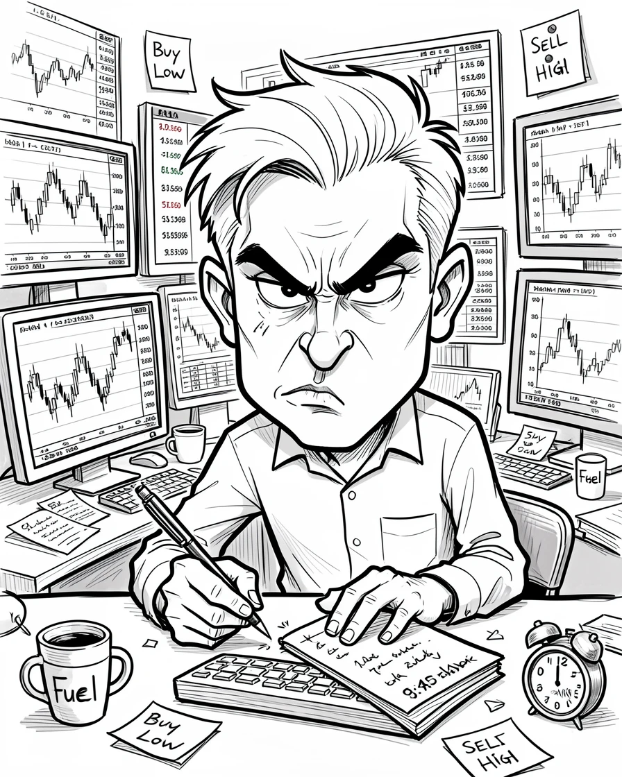 [Occupations & Hobbies] Detailed scene of a focused stock trader watching multiple screens intensely, showcasing skill and dedication