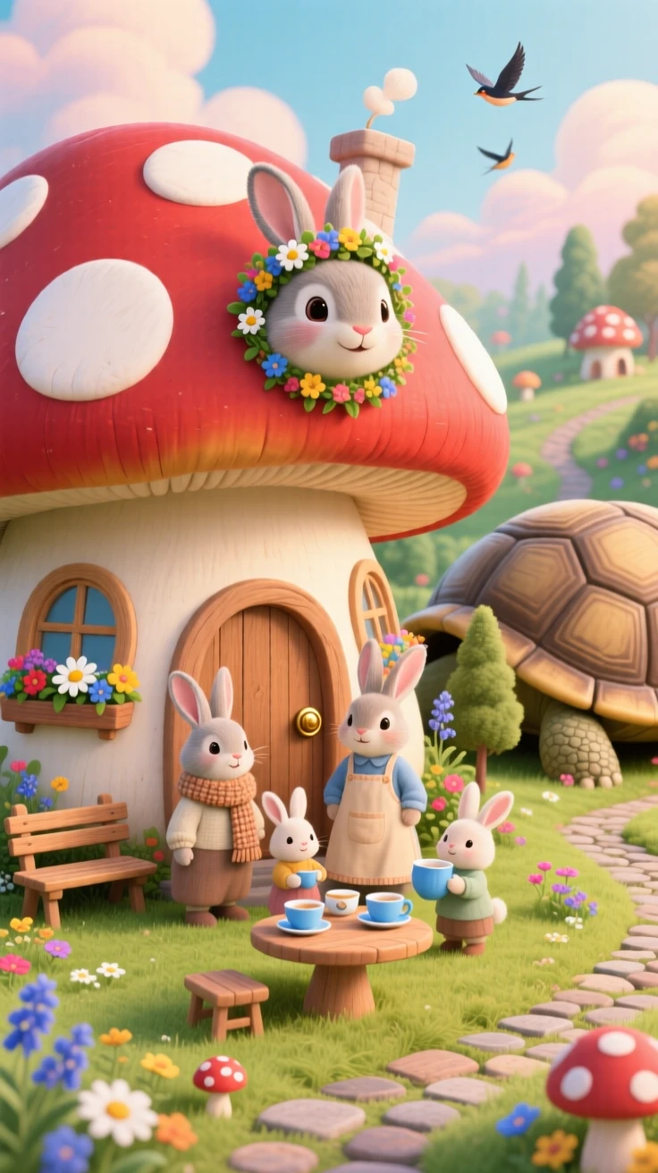 A family of teacup rabbits is living in a house built inside a giant mushroom in a kingdom built on the back of a giant tortoise, with everything wrapped in a cozy, storybook charm.